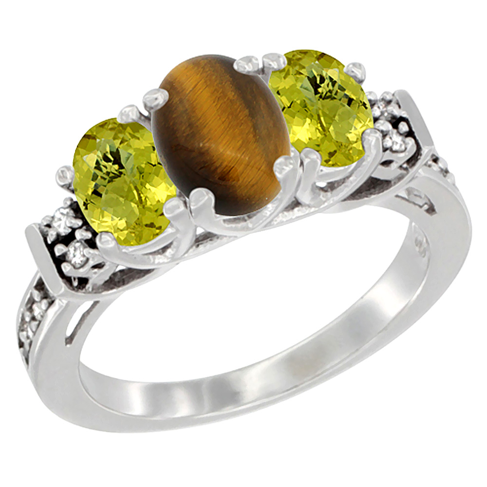 Sabrina Silver 14K White Gold Natural Tiger Eye & Lemon Quartz Ring 3-Stone Oval Diamond Accent, sizes 5-10