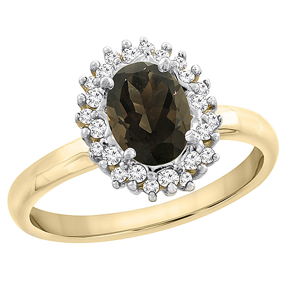 Sabrina Silver 14K Yellow Gold Diamond Natural Smoky Topaz Engagement Ring Oval 7x5mm, sizes 5 - 10