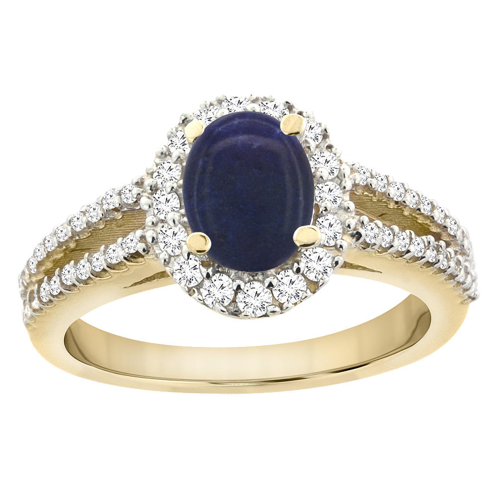 Sabrina Silver 10K Yellow Gold Natural Lapis Split Shank Halo Engagement Ring Oval 7x5 mm, sizes 5 - 10