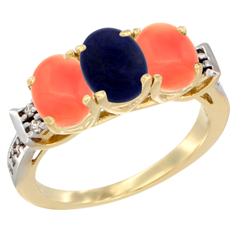 Sabrina Silver 10K Yellow Gold Natural Lapis & Coral Sides Ring 3-Stone Oval 7x5 mm Diamond Accent, sizes 5 - 10