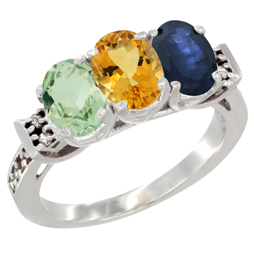 Sabrina Silver 14K White Gold Natural Green Amethyst, Citrine & Blue Sapphire Ring 3-Stone 7x5 mm Oval Diamond Accent, sizes 5 - 10