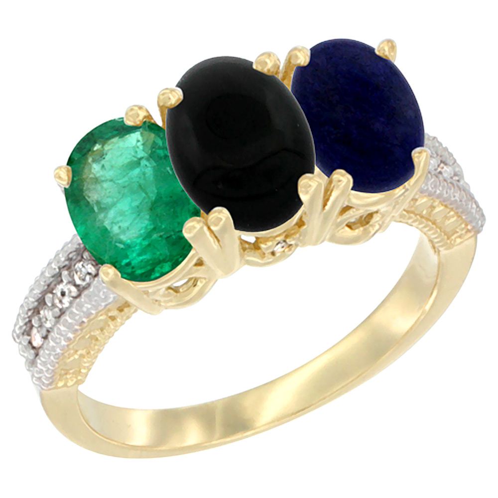 Sabrina Silver 14K Yellow Gold Natural Emerald, Black Onyx & Lapis Ring 3-Stone 7x5 mm Oval Diamond Accent, sizes 5 - 10