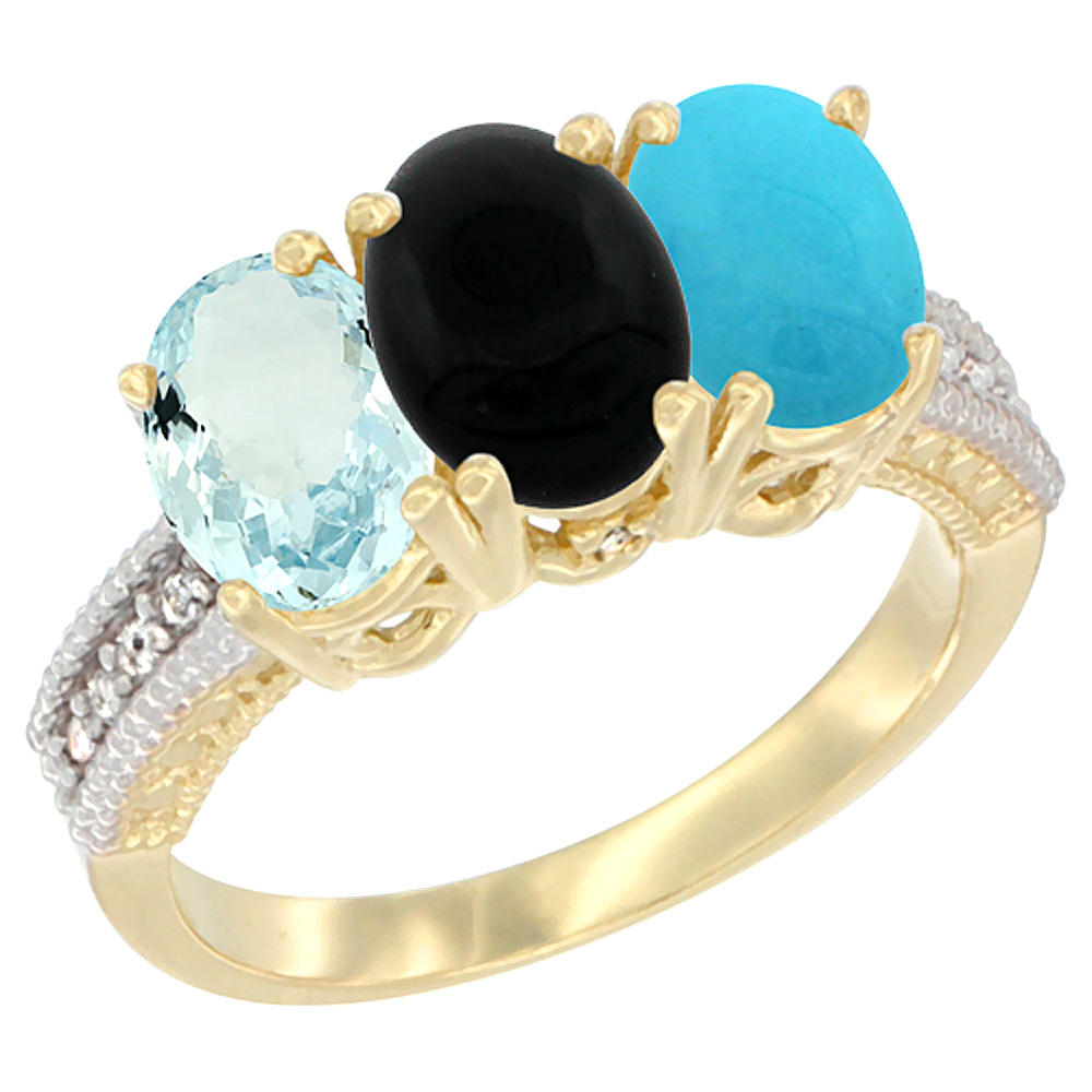 Sabrina Silver 14K Yellow Gold Natural Aquamarine, Black Onyx & Turquoise Ring 3-Stone Oval 7x5 mm Diamond Accent, sizes 5 - 10