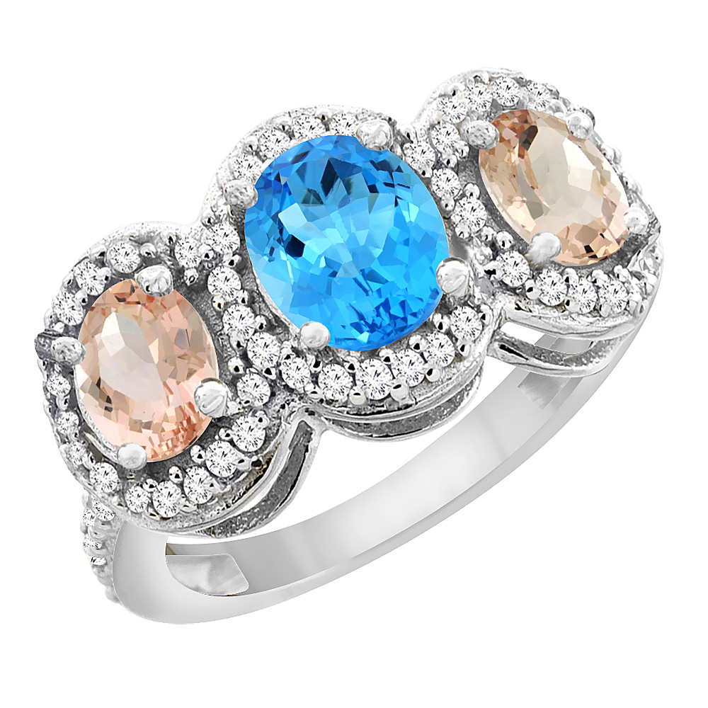 Sabrina Silver 10K White Gold Natural Swiss Blue Topaz & Morganite 3-Stone Ring Oval Diamond Accent, sizes 5 - 10