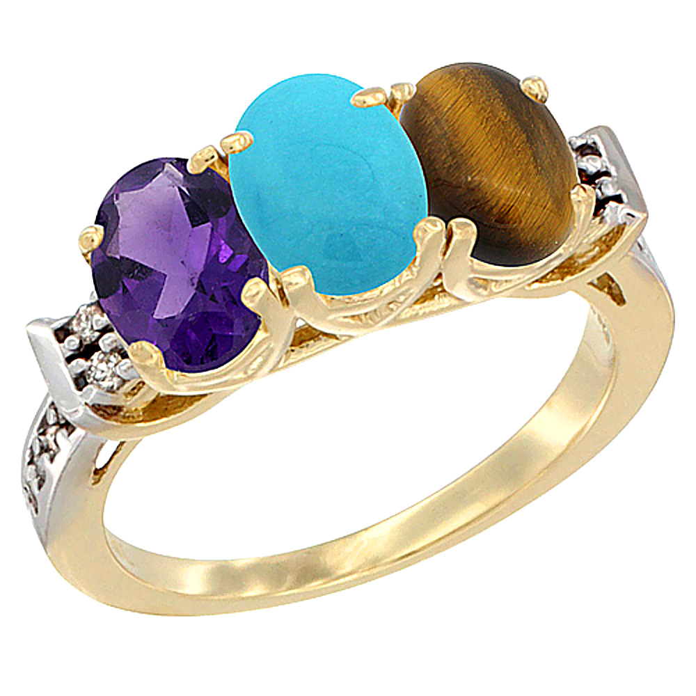 Sabrina Silver 10K Yellow Gold Natural Amethyst, Turquoise & Tiger Eye Ring 3-Stone Oval 7x5 mm Diamond Accent, sizes 5 - 10