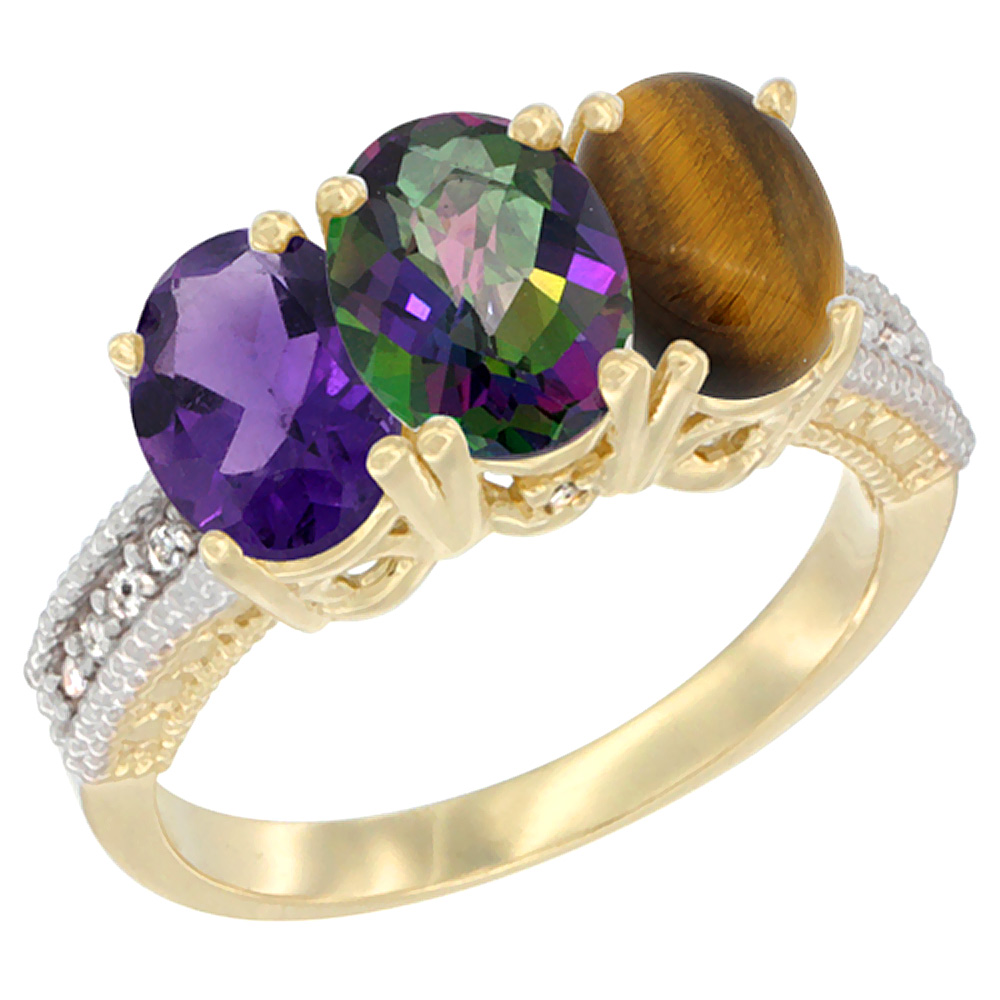 Sabrina Silver 14K Yellow Gold Natural Amethyst, Mystic Topaz & Tiger Eye Ring 3-Stone 7x5 mm Oval Diamond Accent, sizes 5 - 10