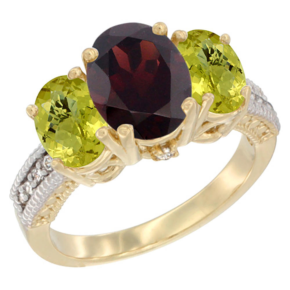 Sabrina Silver 14K Yellow Gold Diamond Natural Garnet Ring 3-Stone Oval 8x6mm with Lemon Quartz, sizes5-10