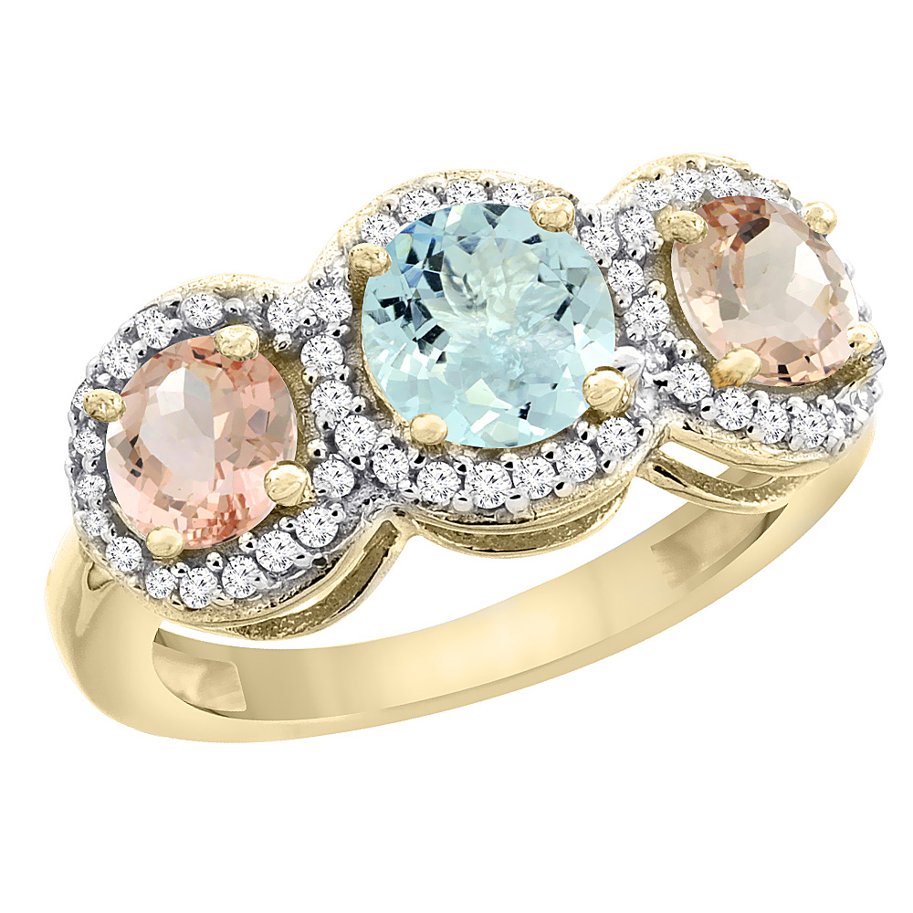 Sabrina Silver 14K Yellow Gold Natural Morganite Round 3-stone Ring Diamond Accents, sizes 5 - 10