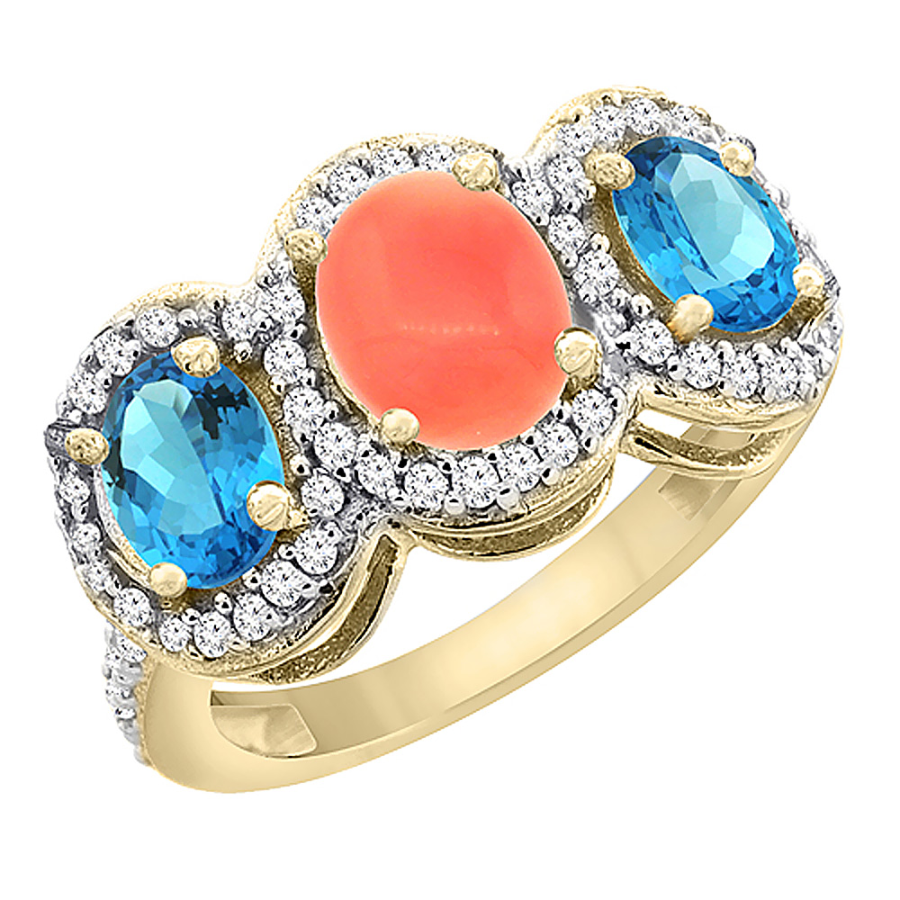 Sabrina Silver 10K Yellow Gold Natural Coral & Swiss Blue Topaz 3-Stone Ring Oval Diamond Accent, sizes 5 - 10