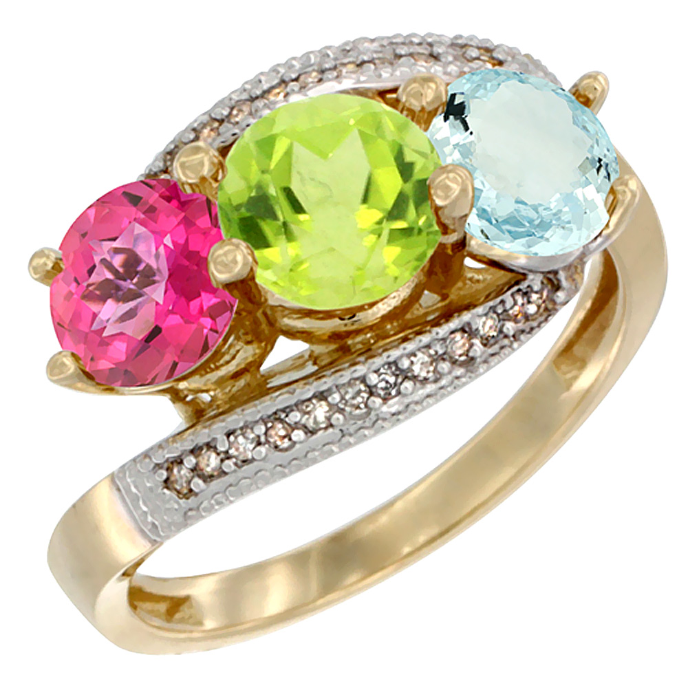 Sabrina Silver 10K Yellow Gold Natural Pink Topaz, Peridot & Aquamarine 3 stone Ring Round 6mm Diamond Accent, sizes 5 - 10