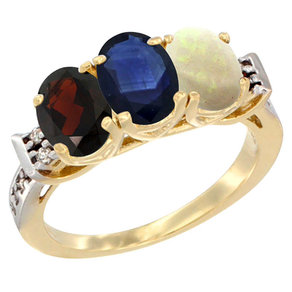 Sabrina Silver 10K Yellow Gold Natural Garnet, Blue Sapphire & Opal Ring 3-Stone Oval 7x5 mm Diamond Accent, sizes 5 - 10