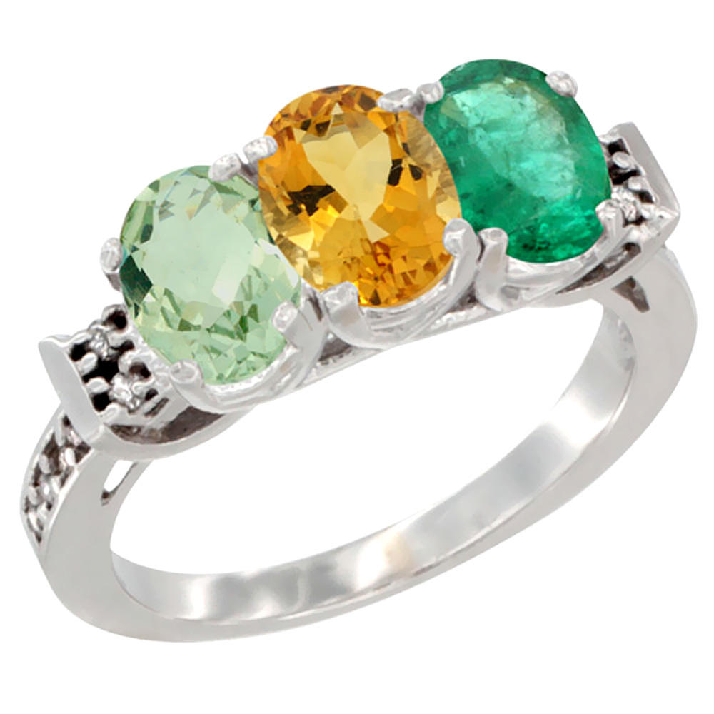 Sabrina Silver 10K White Gold Natural Green Amethyst, Citrine & Emerald Ring 3-Stone Oval 7x5 mm Diamond Accent, sizes 5 - 10