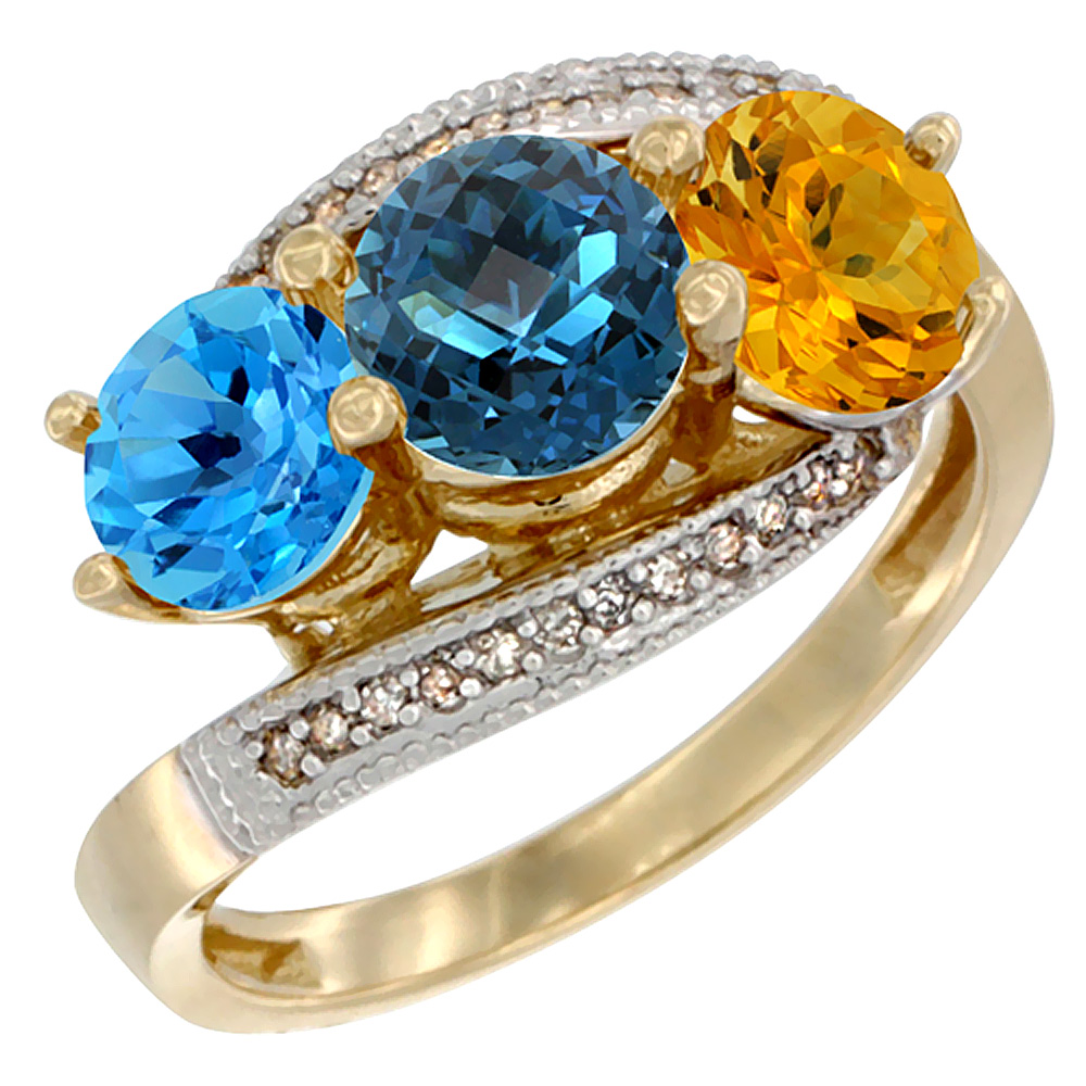 Sabrina Silver 10K Yellow Gold Natural Swiss Blue Topaz, London Blue Topaz & Citrine 3 stone Ring Round 6mm Diamond Accent, sizes 5 - 10