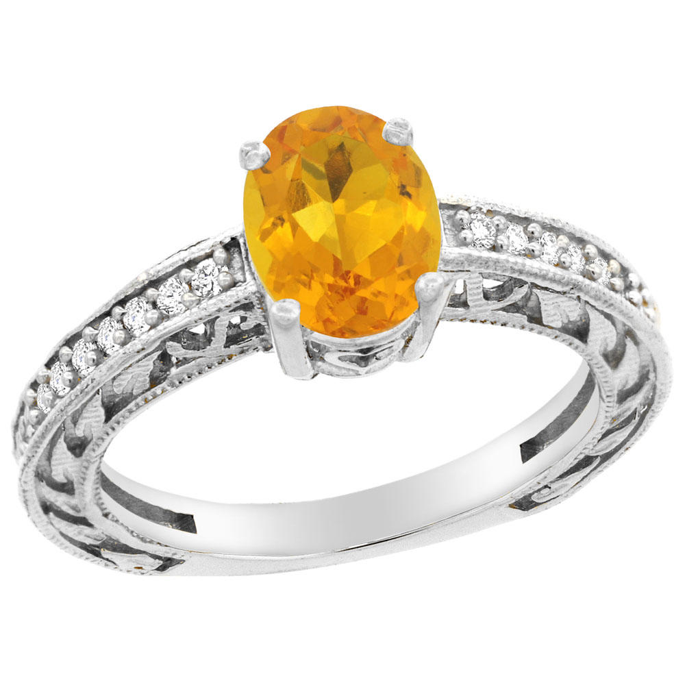 Sabrina Silver 14K Gold Natural Citrine Ring Oval 8x6 mm Diamond Accents, sizes 5 - 10
