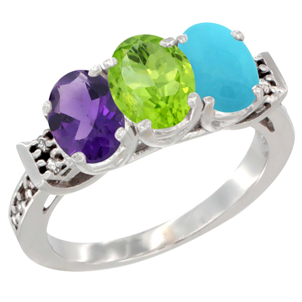 Sabrina Silver 14K White Gold Natural Amethyst, Peridot & Turquoise Ring 3-Stone 7x5 mm Oval Diamond Accent, sizes 5 - 10