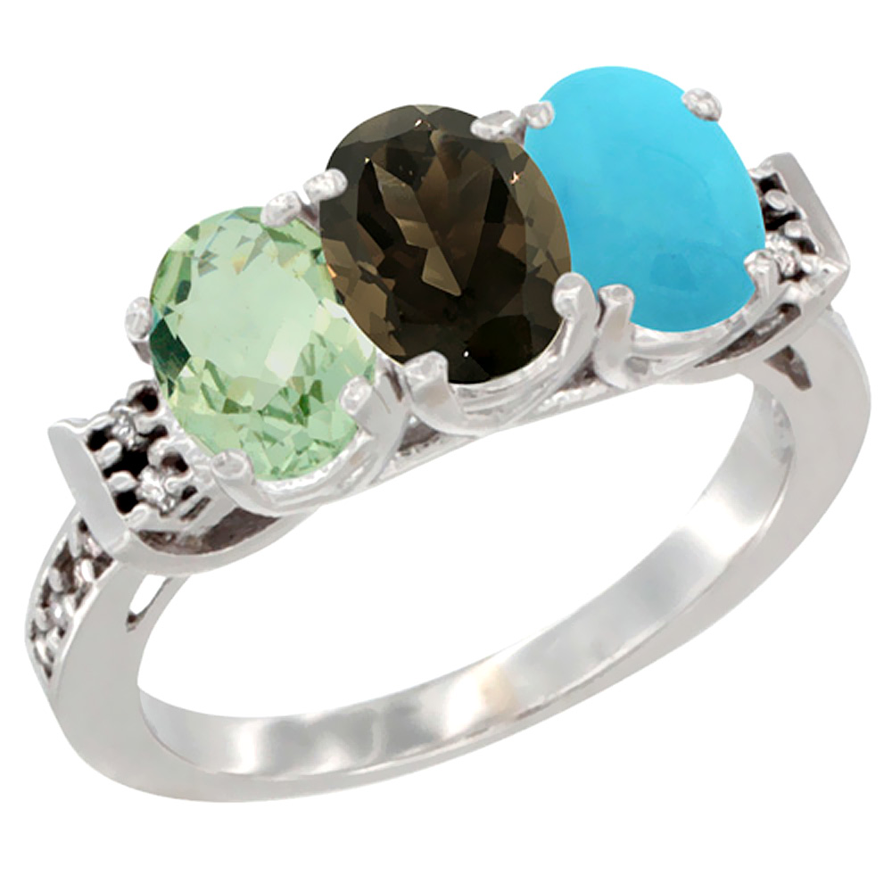 Sabrina Silver 14K White Gold Natural Green Amethyst, Smoky Topaz & Turquoise Ring 3-Stone 7x5 mm Oval Diamond Accent, sizes 5 - 10