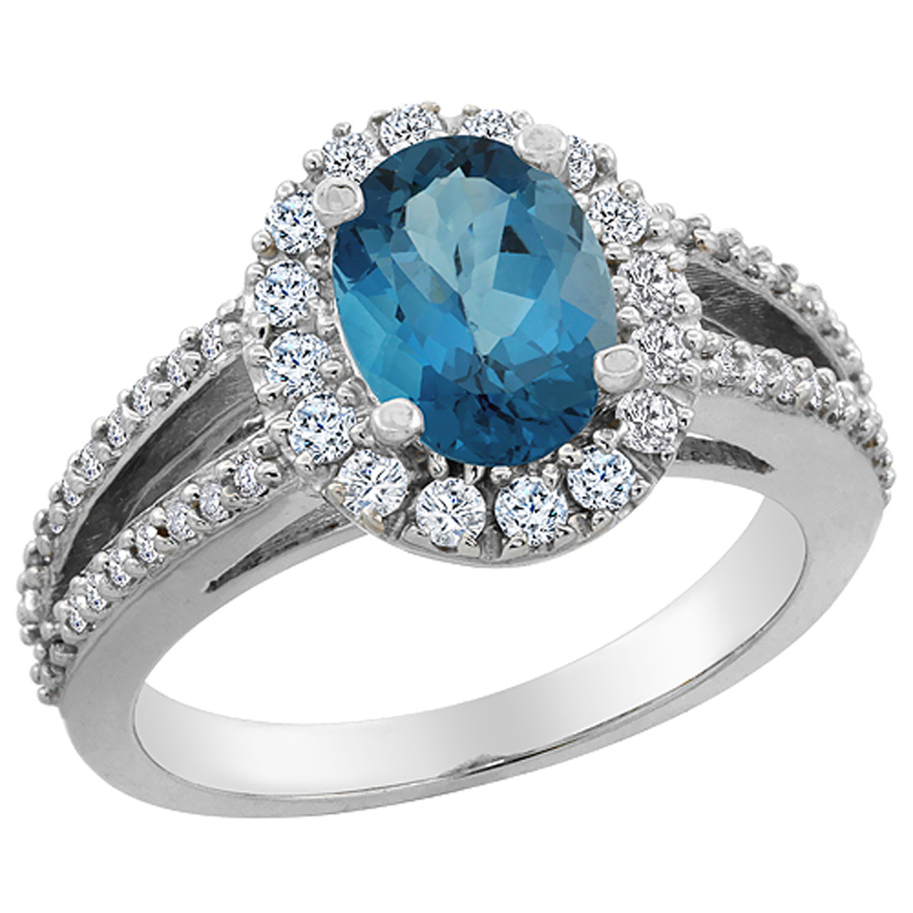 Sabrina Silver 14K White Gold Natural London Blue Topaz Halo Ring Oval 8x6 mm with Diamond Accents, sizes 5 - 10