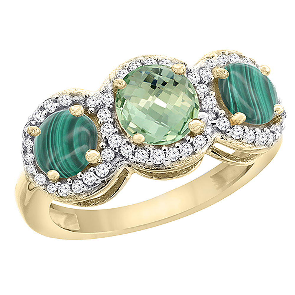 Sabrina Silver 10K Yellow Gold Natural Green Amethyst & Malachite Sides Round 3-stone Ring Diamond Accents, sizes 5 - 10