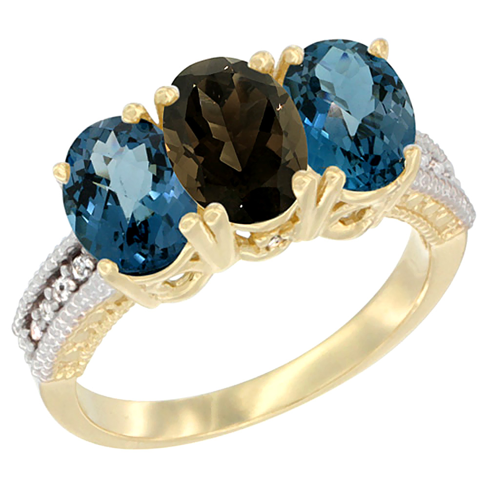 Sabrina Silver 10K Yellow Gold Diamond Natural Smoky Topaz & London Blue Topaz Ring 3-Stone Oval 7x5 mm, sizes 5 - 10