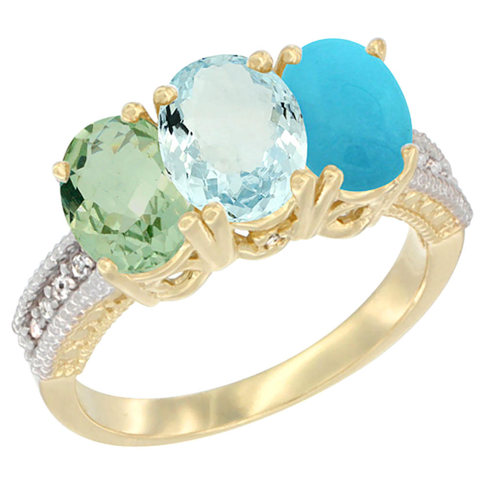Sabrina Silver 10K Yellow Gold Diamond Natural Green Amethyst, Aquamarine & Turquoise Ring 3-Stone Oval 7x5 mm, sizes 5 - 10