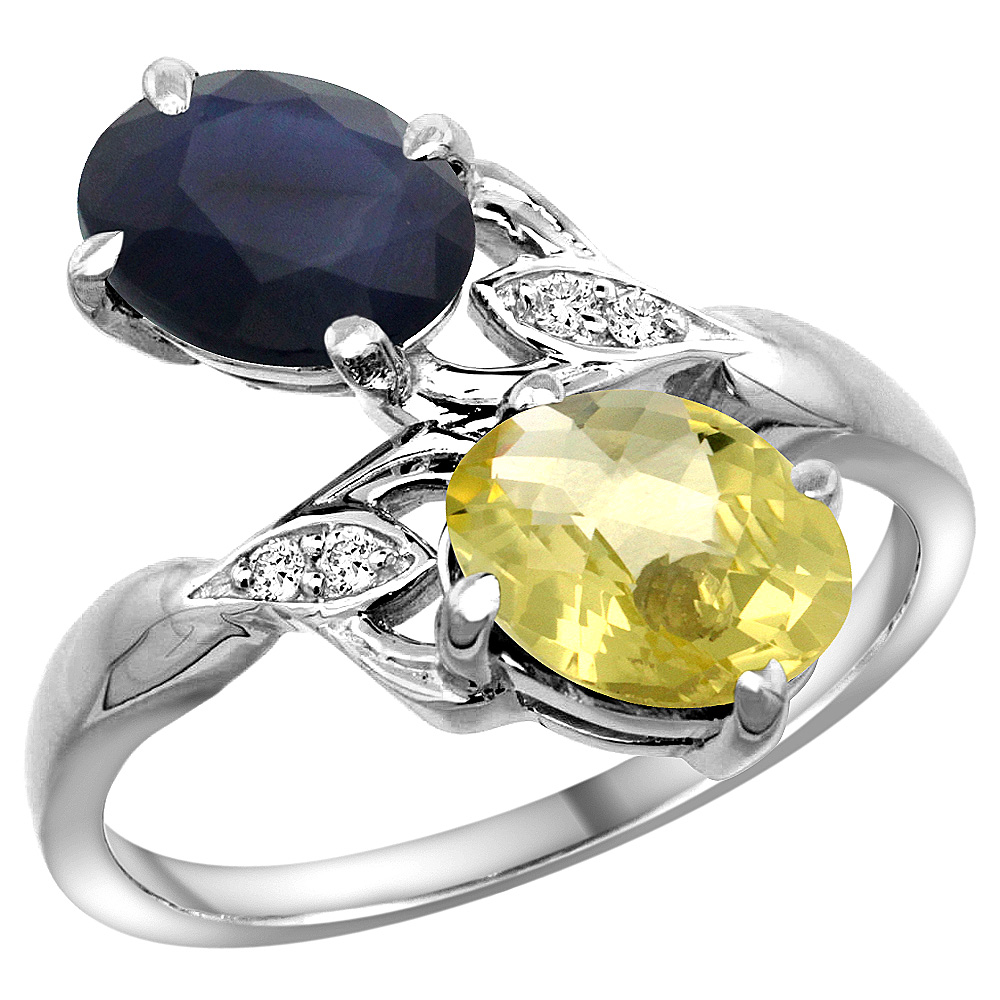 Sabrina Silver 10K White Gold Diamond Natural Quality Blue Sapphire&Lemon Quartz 2-stone Mothers Ring Oval 8x6mm, sz5-10