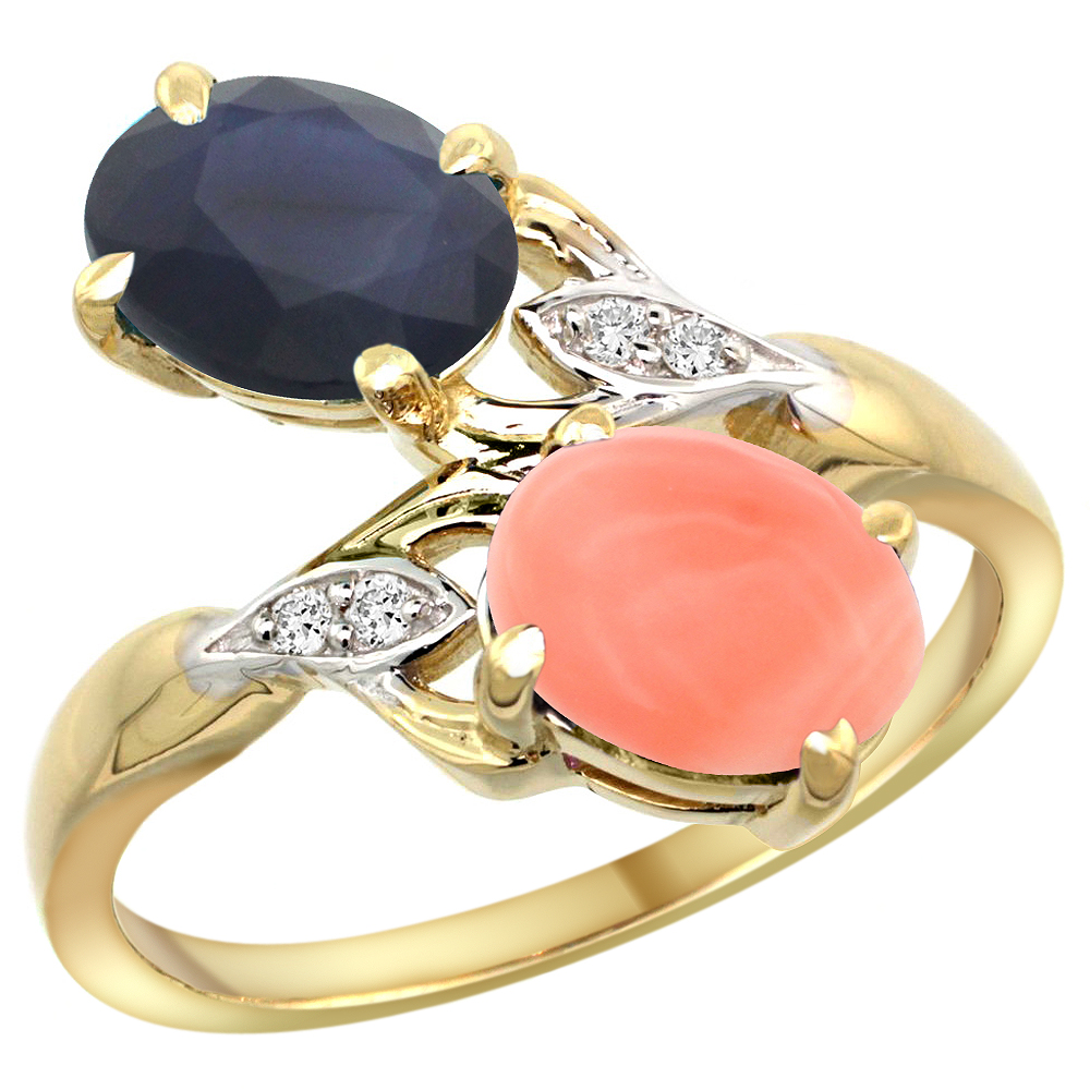 Sabrina Silver 10K Yellow Gold Diamond Natural Blue Sapphire & Coral 2-stone Ring Oval 8x6mm, sizes 5 - 10
