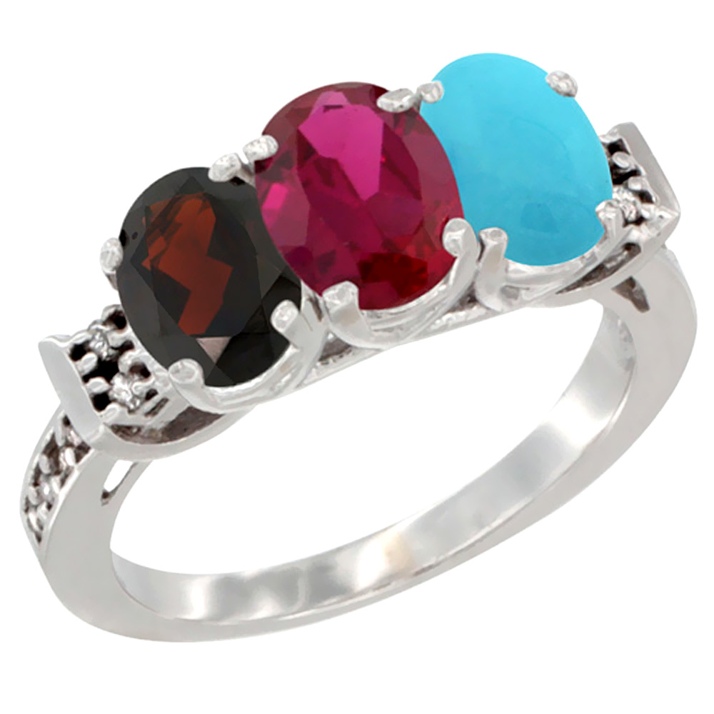Sabrina Silver 10K White Gold Natural Garnet, Enhanced Ruby & Natural Turquoise Ring 3-Stone Oval 7x5 mm Diamond Accent, sizes 5 - 10