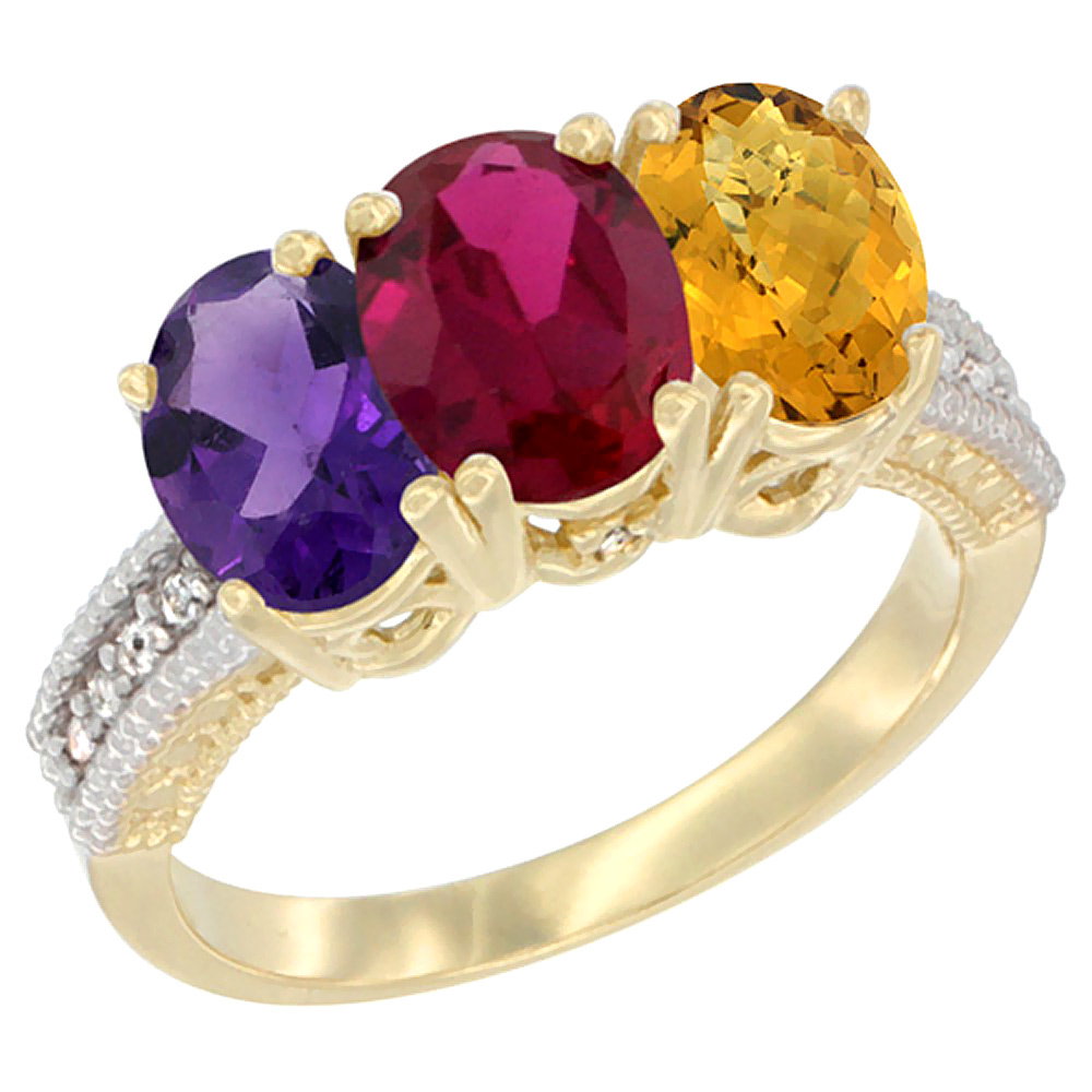 Sabrina Silver 14K Yellow Gold Natural Amethyst, Enhanced Ruby & Natural Whisky Quartz Ring 3-Stone 7x5 mm Oval Diamond Accent, sizes 5 - 10