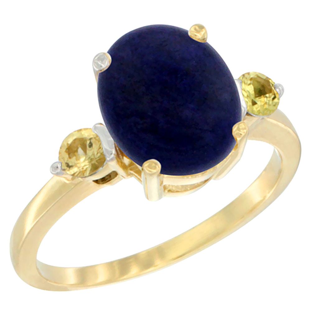 Sabrina Silver 14K Yellow Gold 10x8mm Oval Natural Lapis Ring for Women Yellow Sapphire Side-stones sizes 5 - 10