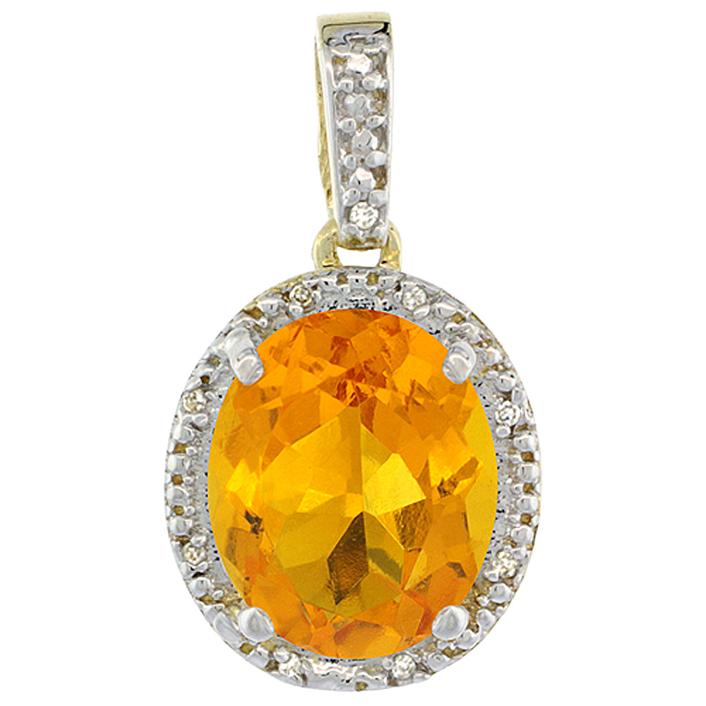 Sabrina Silver 10K Yellow Gold Diamond Halo Natural Citrine Necklace Oval 12x10 mm, 18 inch long