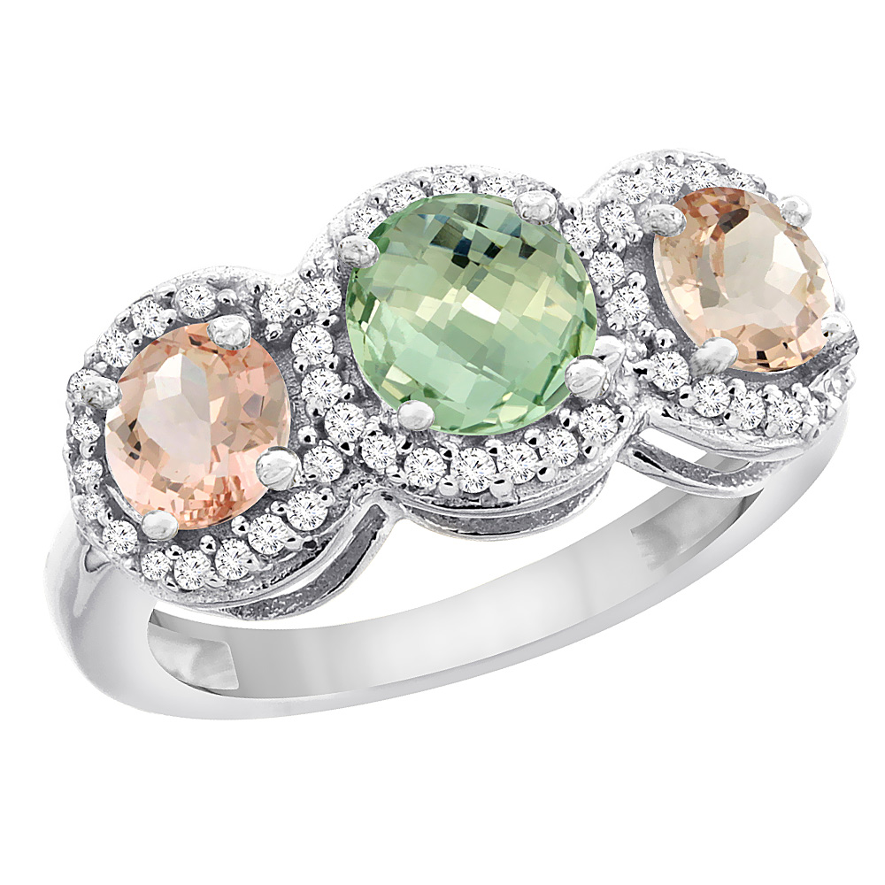 Sabrina Silver 14K White Gold Natural Green Amethyst & Morganite Sides Round 3-stone Ring Diamond Accents, sizes 5 - 10