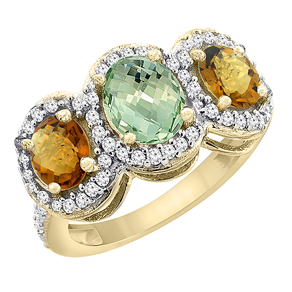 Sabrina Silver 10K Yellow Gold Natural Green Amethyst & Whisky Quartz 3-Stone Ring Oval Diamond Accent, sizes 5 - 10