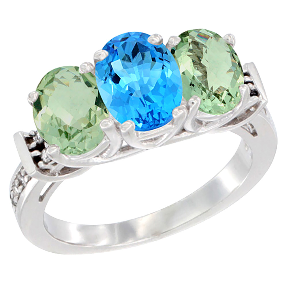 Sabrina Silver 10K White Gold Natural Swiss Blue Topaz & Green Amethyst Sides Ring 3-Stone Oval Diamond Accent, sizes 5 - 10