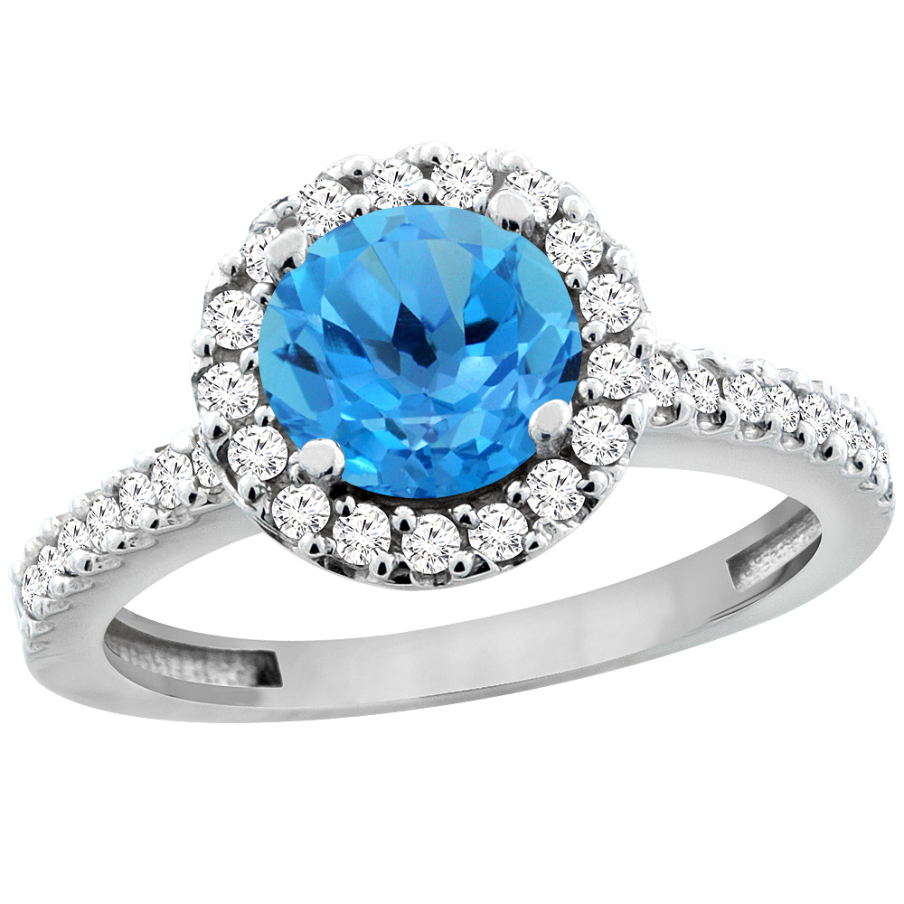 Sabrina Silver 14K White Gold Natural Swiss Blue Topaz Ring Round 6mm Floating Halo Diamond, sizes 5 - 10