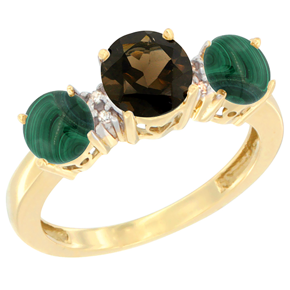 Sabrina Silver 14K Yellow Gold Round 3-Stone Natural Smoky Topaz Ring & Malachite Sides Diamond Accent, sizes 5 - 10