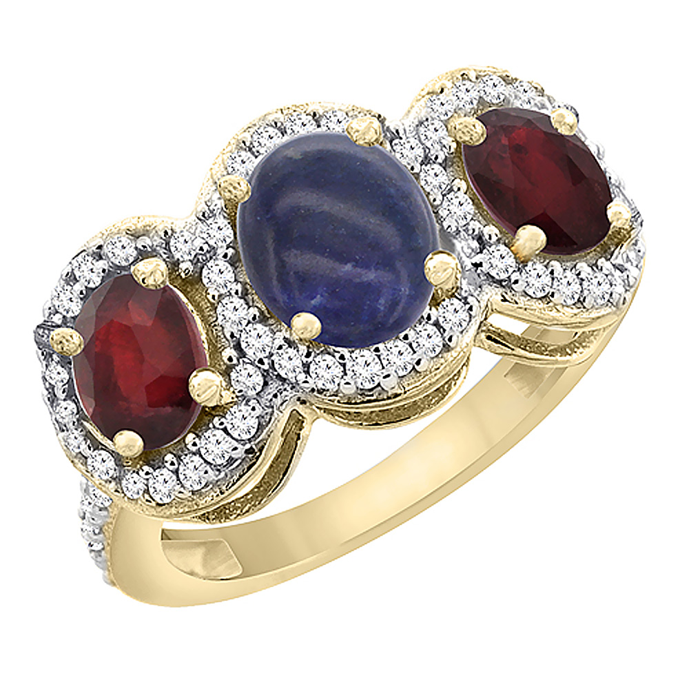 Sabrina Silver 14K Yellow Gold Natural Lapis & Enhanced Ruby 3-Stone Ring Oval Diamond Accent, sizes 5 - 10
