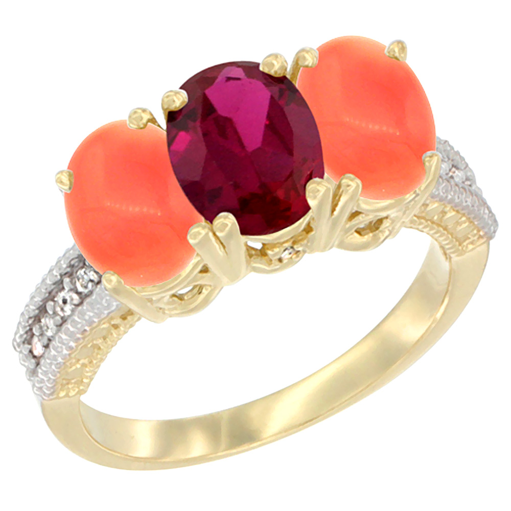 Sabrina Silver 10K Yellow Gold Diamond Enhanced Ruby & Natural Coral Ring 3-Stone 7x5 mm Oval, sizes 5 - 10
