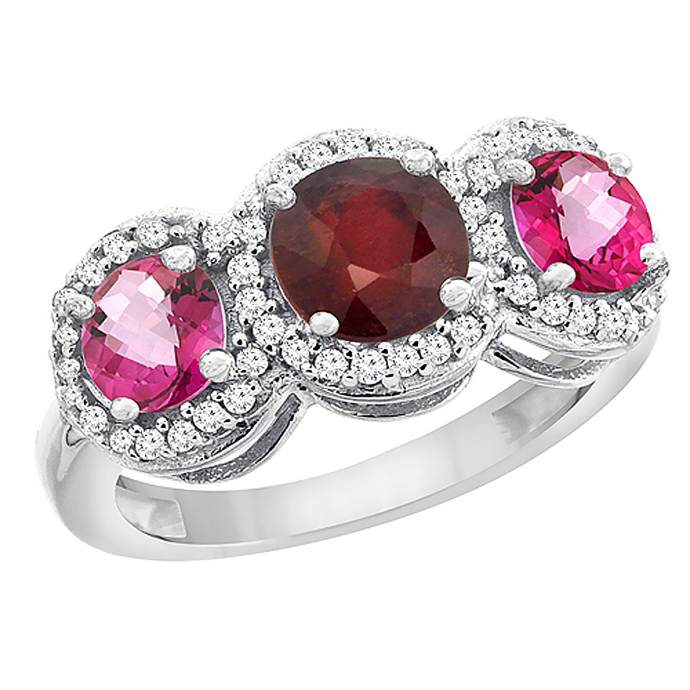Sabrina Silver 14K White Gold Enhanced Ruby & Pink Topaz Sides Round 3-stone Ring Diamond Accents, sizes 5 - 10