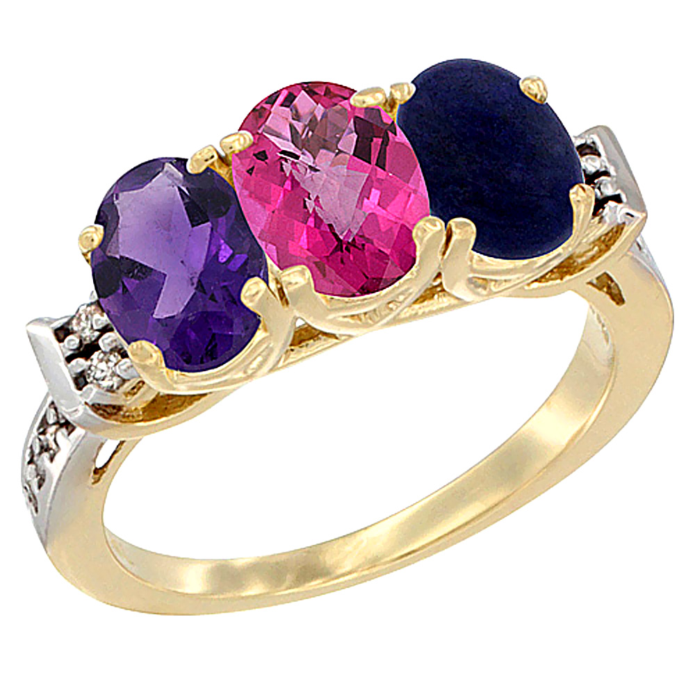 Sabrina Silver 10K Yellow Gold Natural Amethyst, Pink Topaz & Lapis Ring 3-Stone Oval 7x5 mm Diamond Accent, sizes 5 - 10