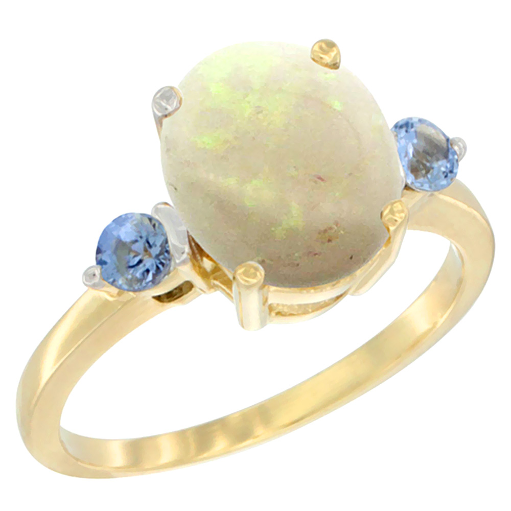 Sabrina Silver 14K Yellow Gold 10x8mm Oval Natural Opal Ring for Women Light Blue Sapphire Side-stones sizes 5 - 10