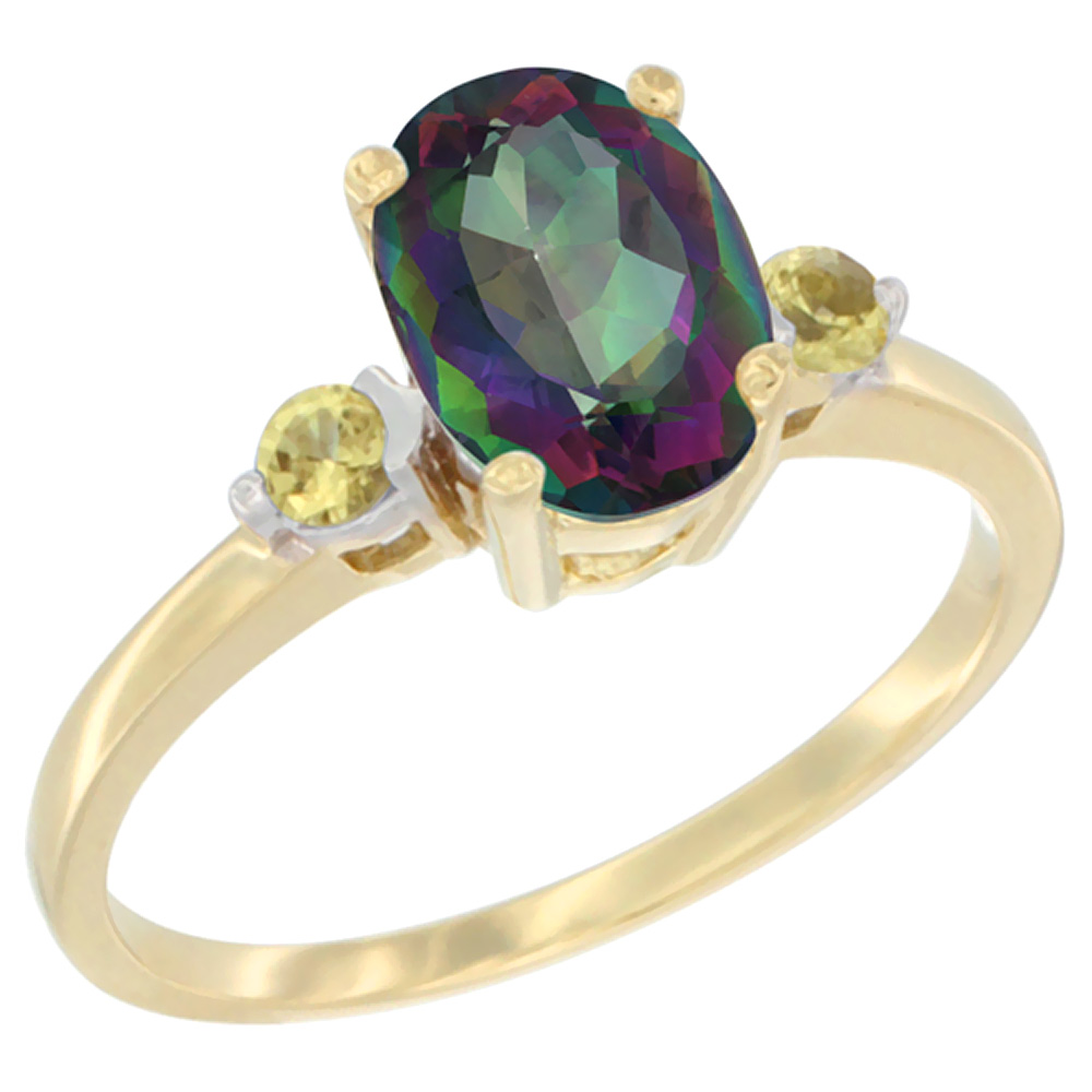 Sabrina Silver 10K Yellow Gold Natural Mystic Topaz Ring Oval 9x7 mm Yellow Sapphire Accent, sizes 5 to 10