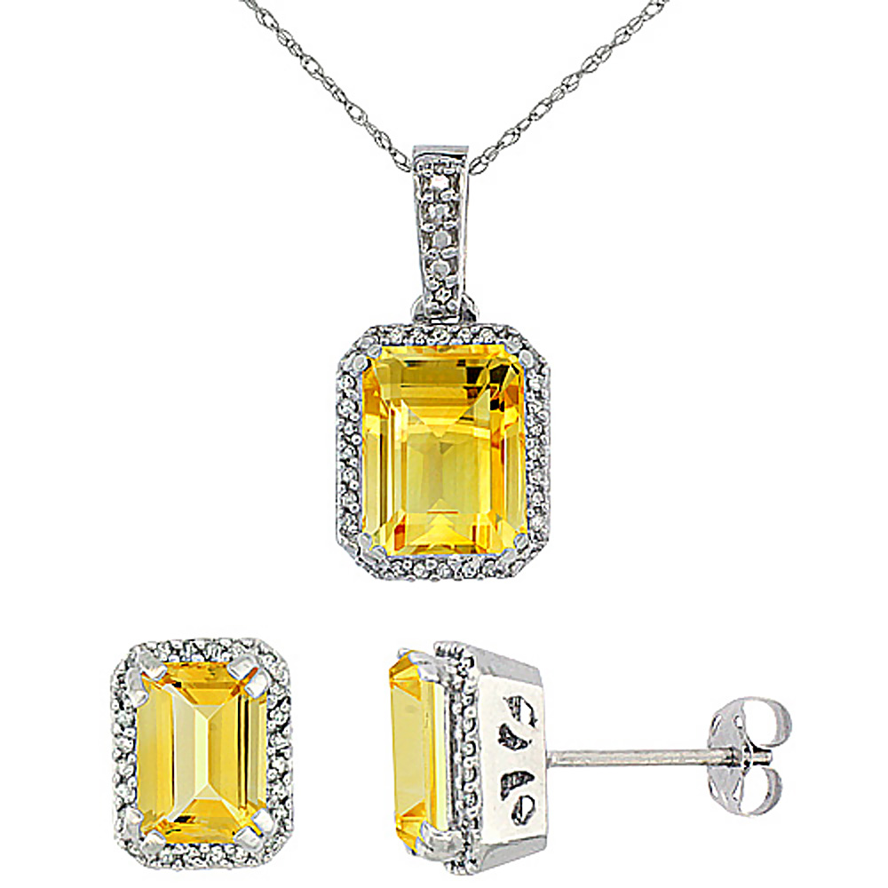 Sabrina Silver 10K White Gold Diamond Natural Octagon Citrine Earrings & Pendant Set