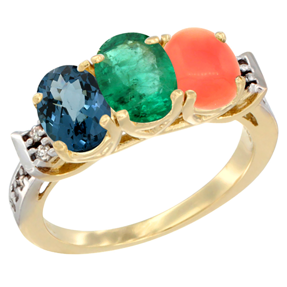 Sabrina Silver 14K Yellow Gold Natural London Blue Topaz, Emerald & Coral Ring 3-Stone 7x5 mm Oval Diamond Accent, sizes 5 - 10