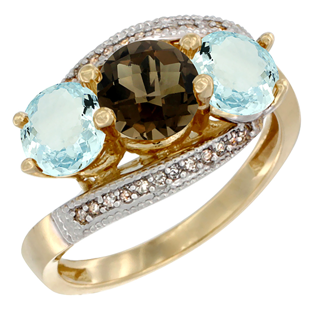 Sabrina Silver 10K Yellow Gold Natural Smoky Topaz & Aquamarine Sides 3 stone Ring Round 6mm Diamond Accent, sizes 5 - 10