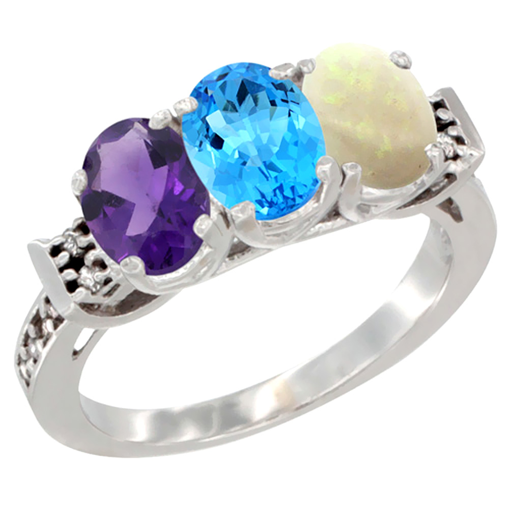 Sabrina Silver 14K White Gold Natural Amethyst, Swiss Blue Topaz & Opal Ring 3-Stone 7x5 mm Oval Diamond Accent, sizes 5 - 10