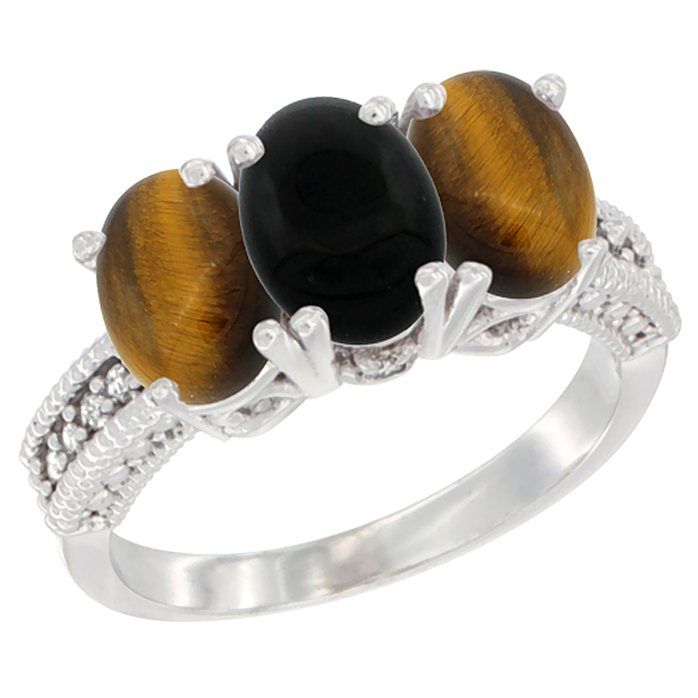 Sabrina Silver 14K White Gold Natural Black Onyx & Tiger Eye Sides Ring 3-Stone 7x5 mm Oval Diamond Accent, sizes 5 - 10