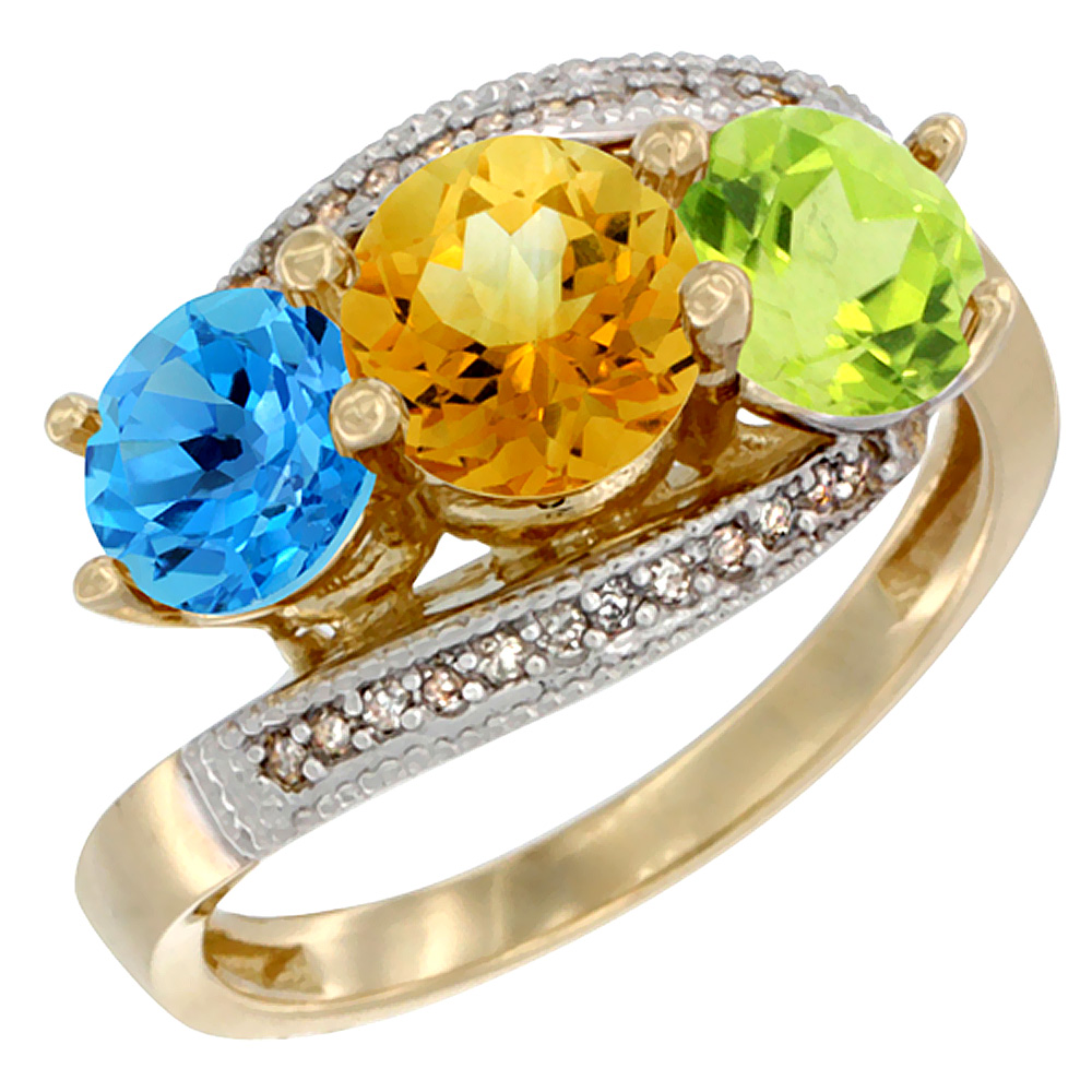 Sabrina Silver 10K Yellow Gold Natural Swiss Blue Topaz, Citrine & Peridot 3 stone Ring Round 6mm Diamond Accent, sizes 5 - 10