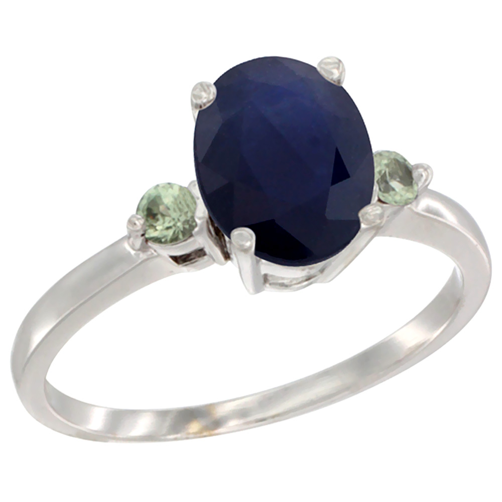 Sabrina Silver 14K White Gold Natural Blue Sapphire Ring Oval 9x7 mm Green Sapphire Accent, sizes 5 to 10