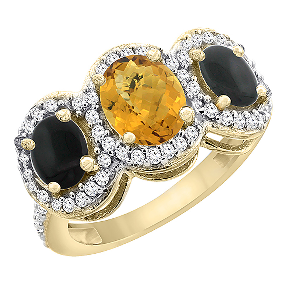 Sabrina Silver 10K Yellow Gold Natural Whisky Quartz & Black Onyx 3-Stone Ring Oval Diamond Accent, sizes 5 - 10