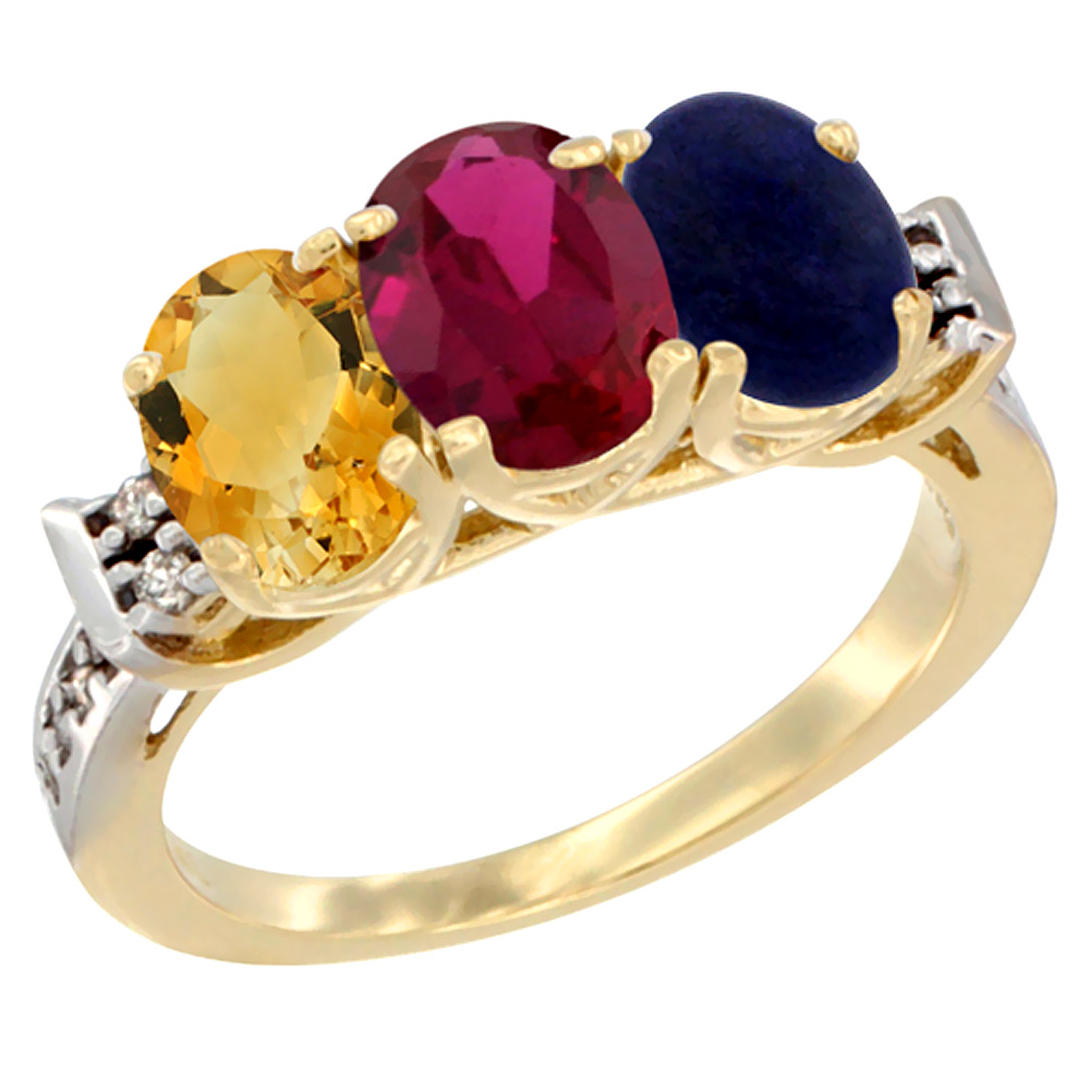 Sabrina Silver 10K Yellow Gold Natural Citrine, Enhanced Ruby & Natural Lapis Ring 3-Stone Oval 7x5 mm Diamond Accent, sizes 5 - 10
